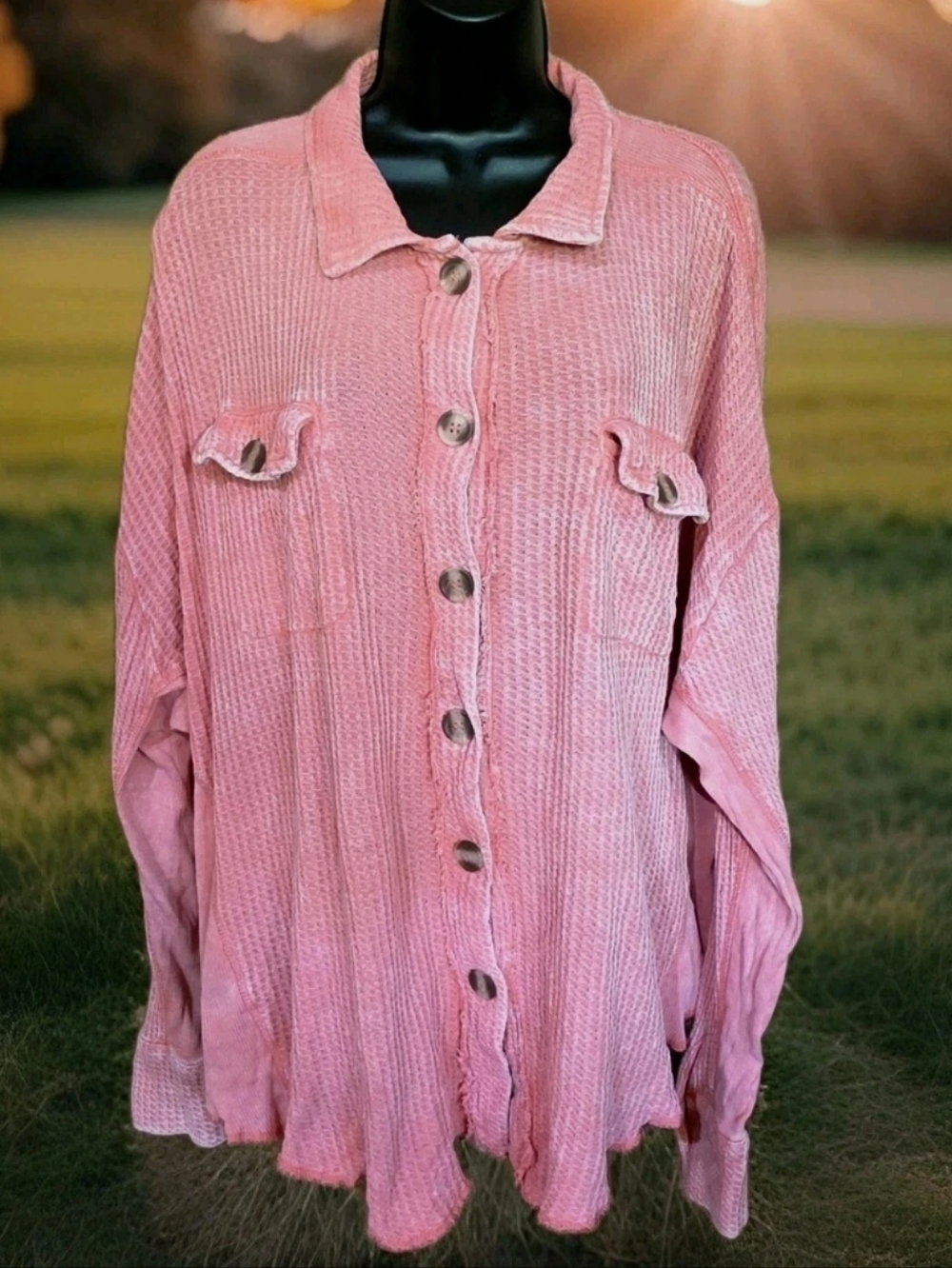Zenana Womens S/M Coral Blouse Mineral Wash Waffle Knit Oversized Long Sleeve